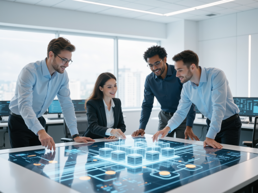 Team of developers working on AI technology, modern office setting with computers and digital displays showing code and data visualizations